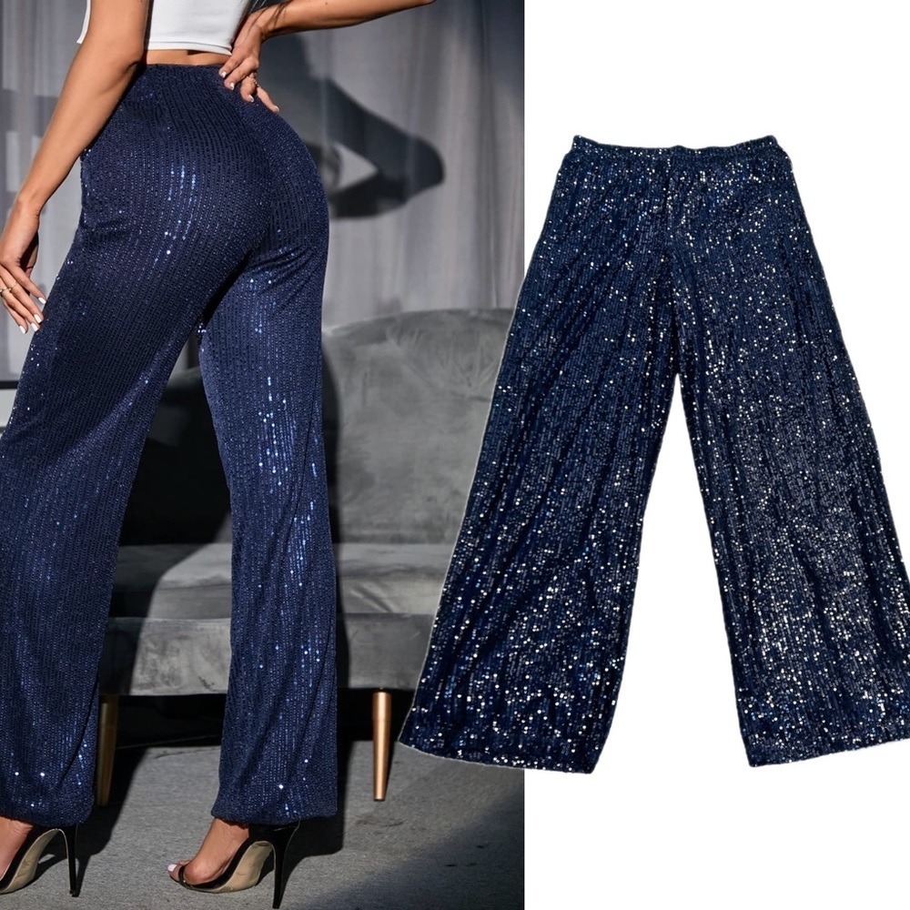 Haver & Blair navy blue sequin pull on trouser pants flowy pockets lined NWT